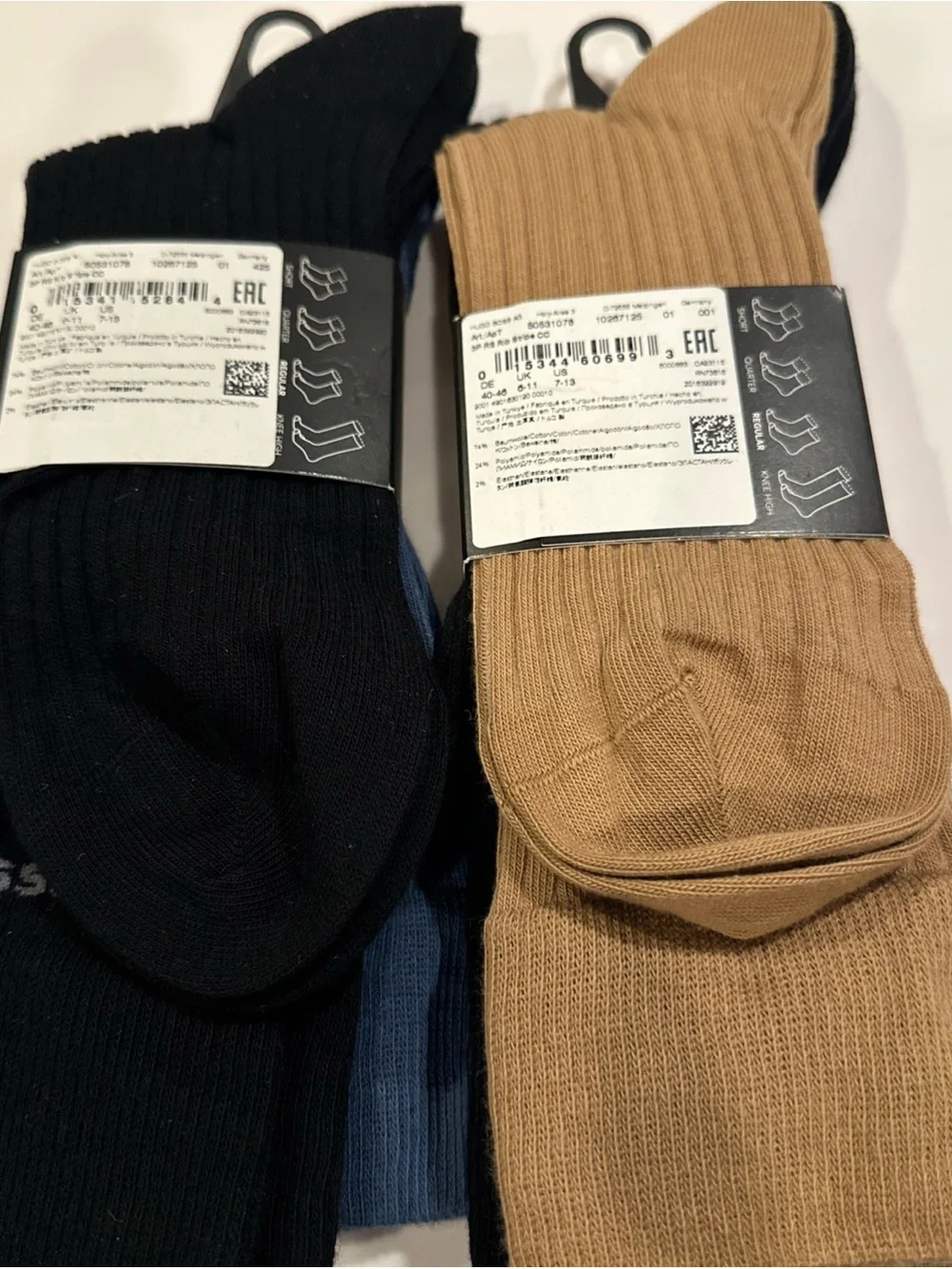 Hugo Boss Two 3-Pack Dress Socks in Blue, Black and Brown